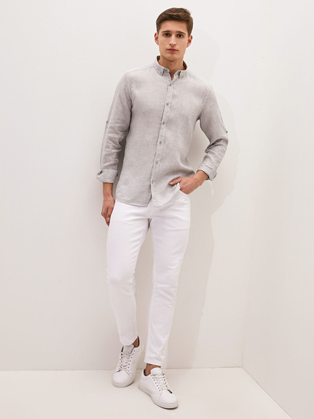 Gri Slim Fit Uzun Kollu Erkek Gömlek-3