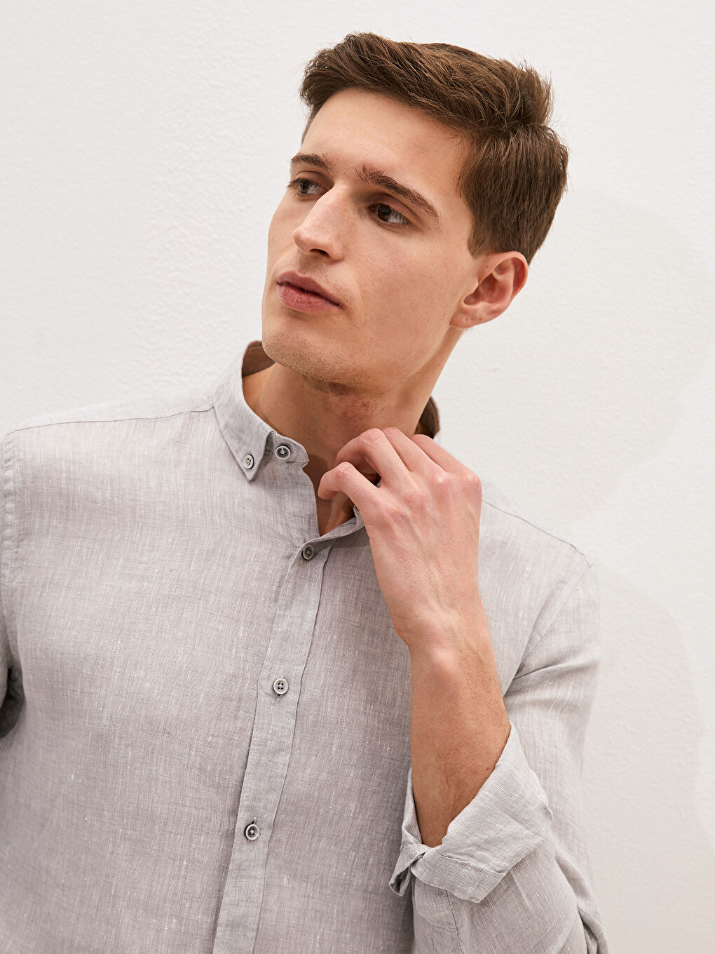 Gri Slim Fit Uzun Kollu Erkek Gömlek-4