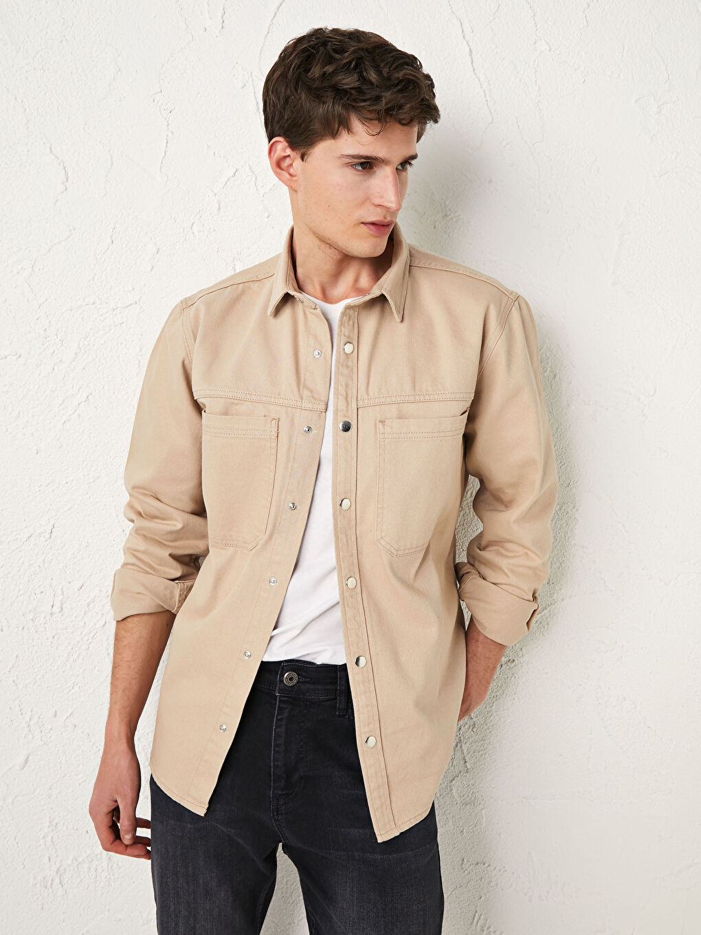 Bej Standart Kalıp Erkek Jean Ceket-1