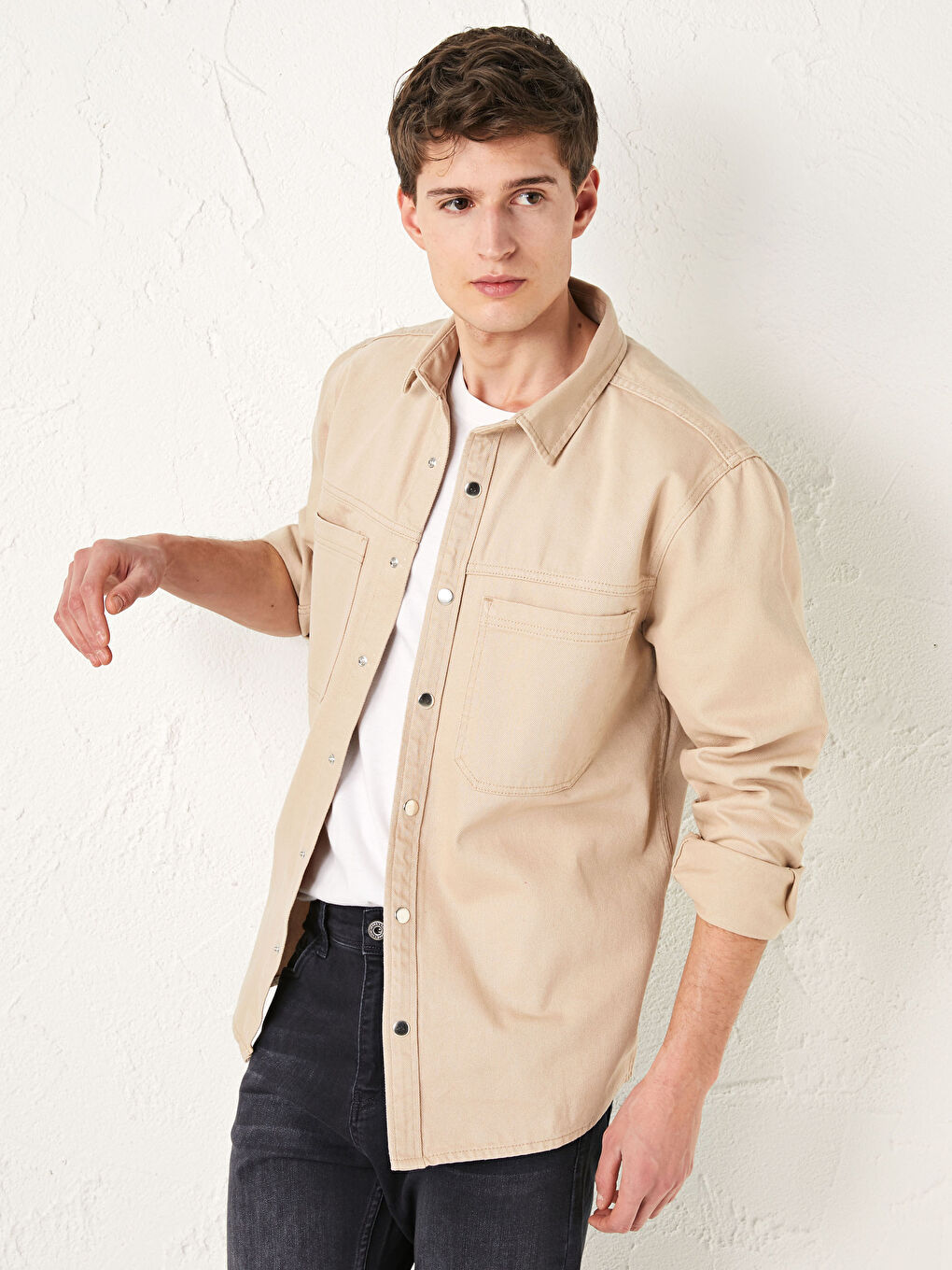 Bej Standart Kalıp Erkek Jean Ceket-2