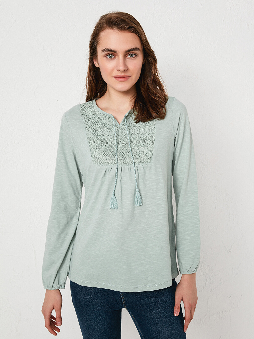 Tie Collar Embroidered Long Sleeve Cotton Women's Blouse