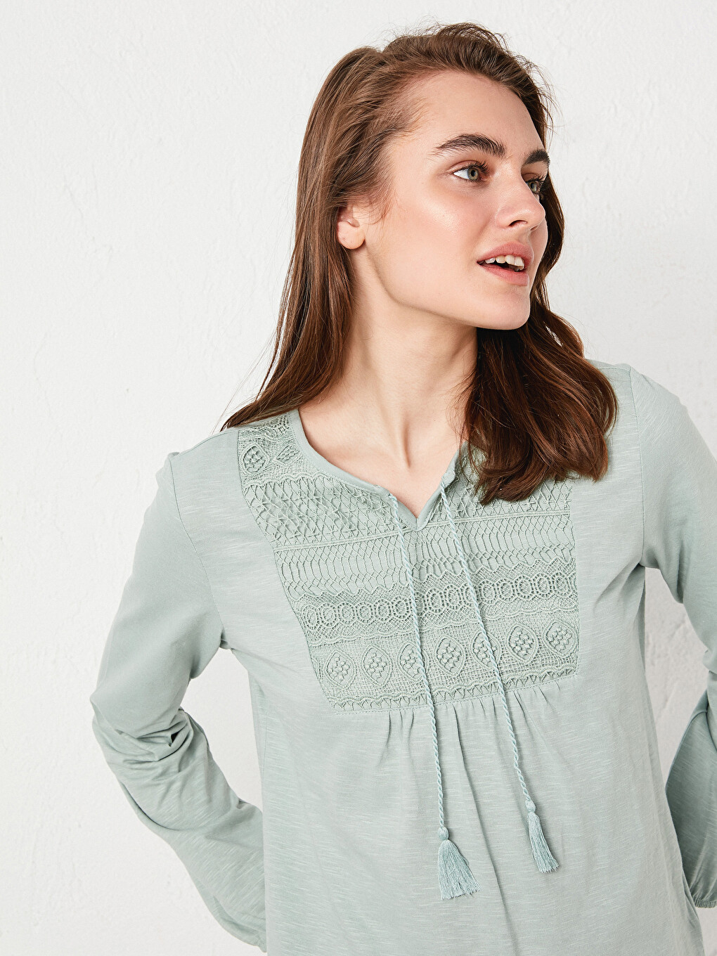 Tie Collar Embroidered Long Sleeve Cotton Women's Blouse-1