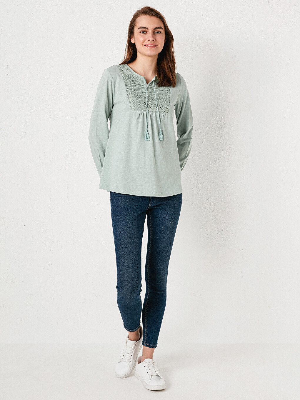 Tie Collar Embroidered Long Sleeve Cotton Women's Blouse-2