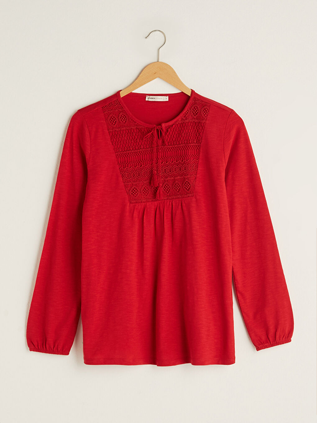 Tie Collar Embroidered Long Sleeve Cotton Women's Blouse-6