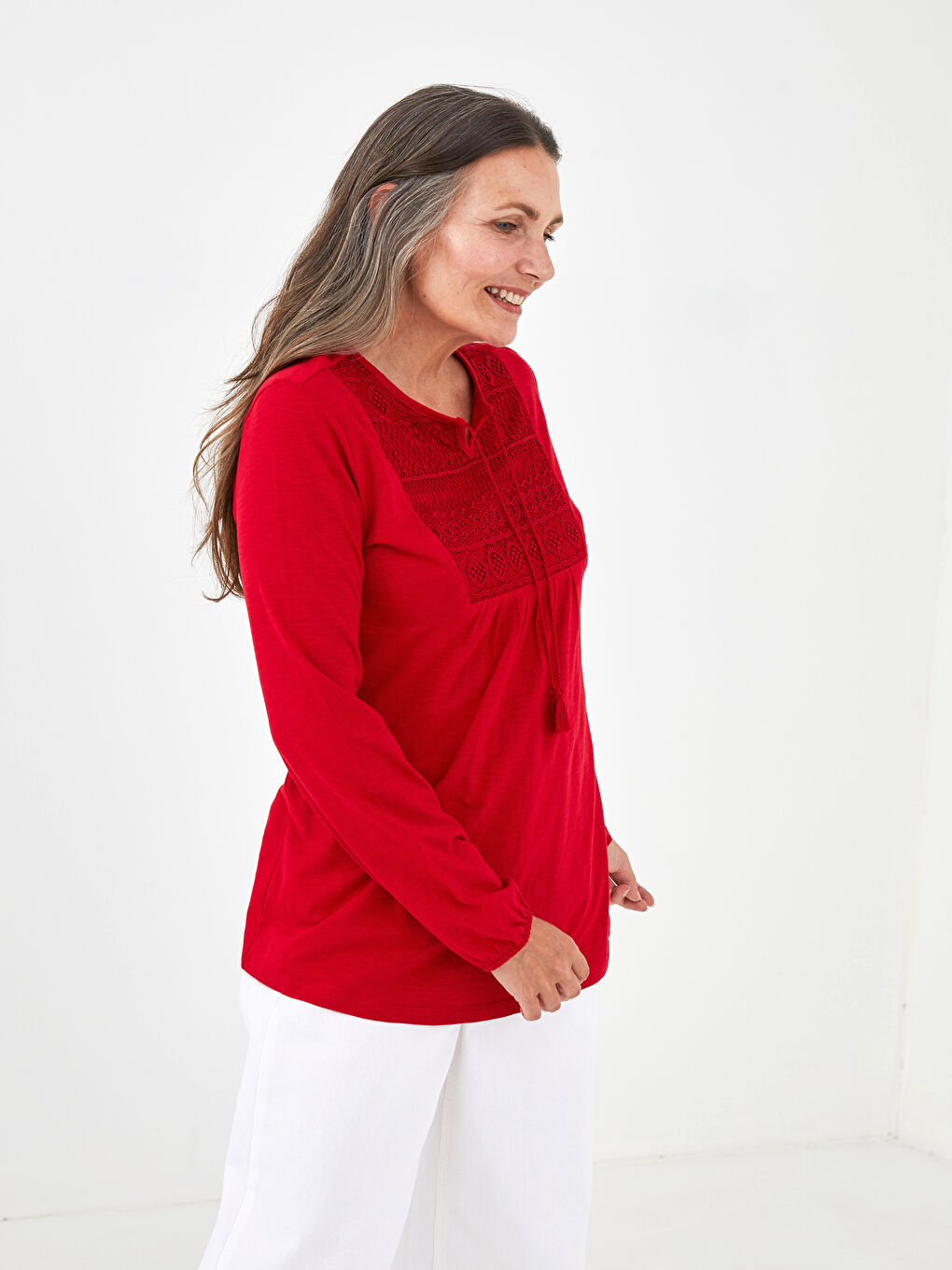 Tie Collar Embroidered Long Sleeve Cotton Women's Blouse-1