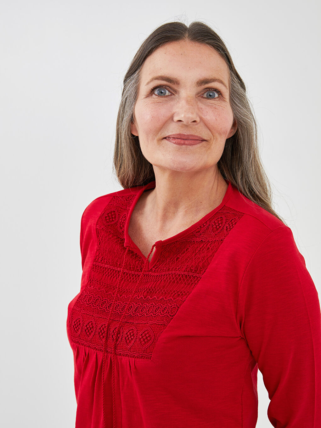 Tie Collar Embroidered Long Sleeve Cotton Women's Blouse-2