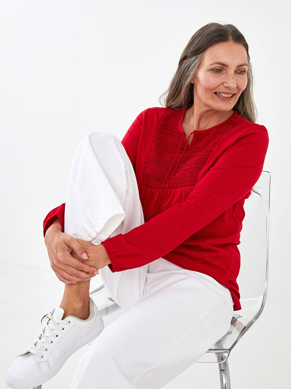 Tie Collar Embroidered Long Sleeve Cotton Women's Blouse-5