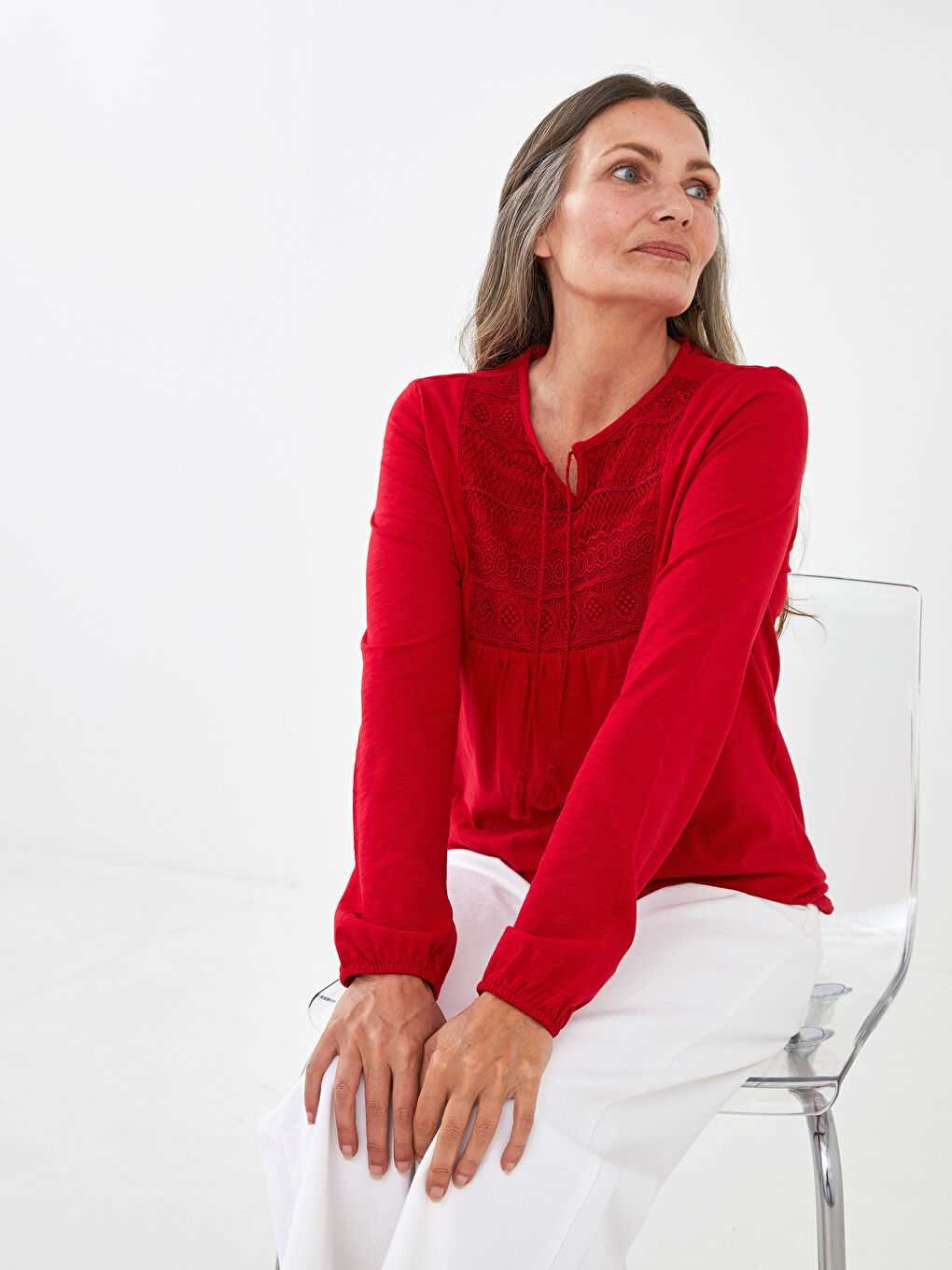 Tie Collar Embroidered Long Sleeve Cotton Women's Blouse