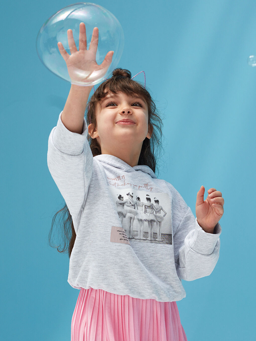 Hooded Ballerina Printed Long Sleeve Girls Sweatshirt