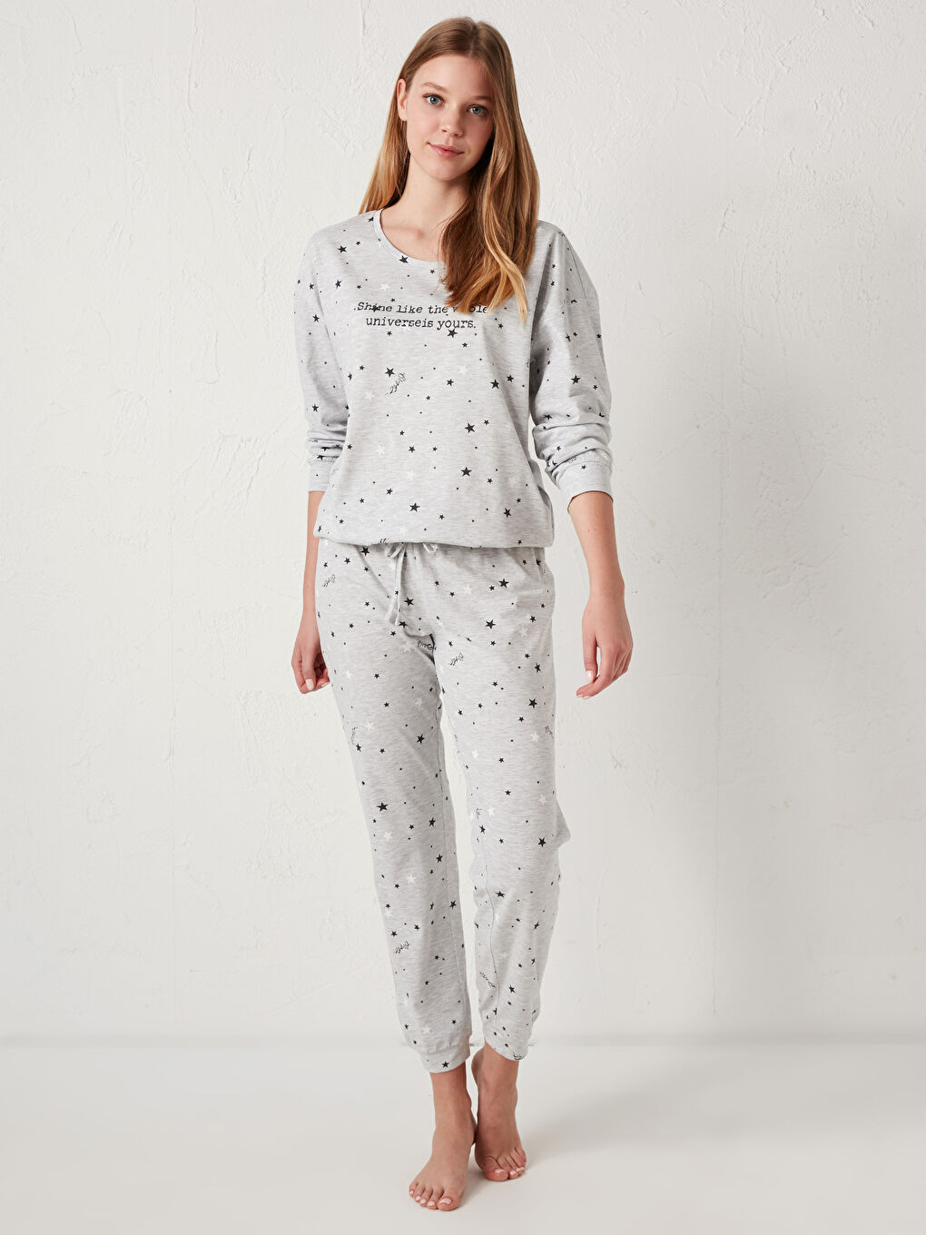 Gri Slogan Baskılı Pijama Takımı-1