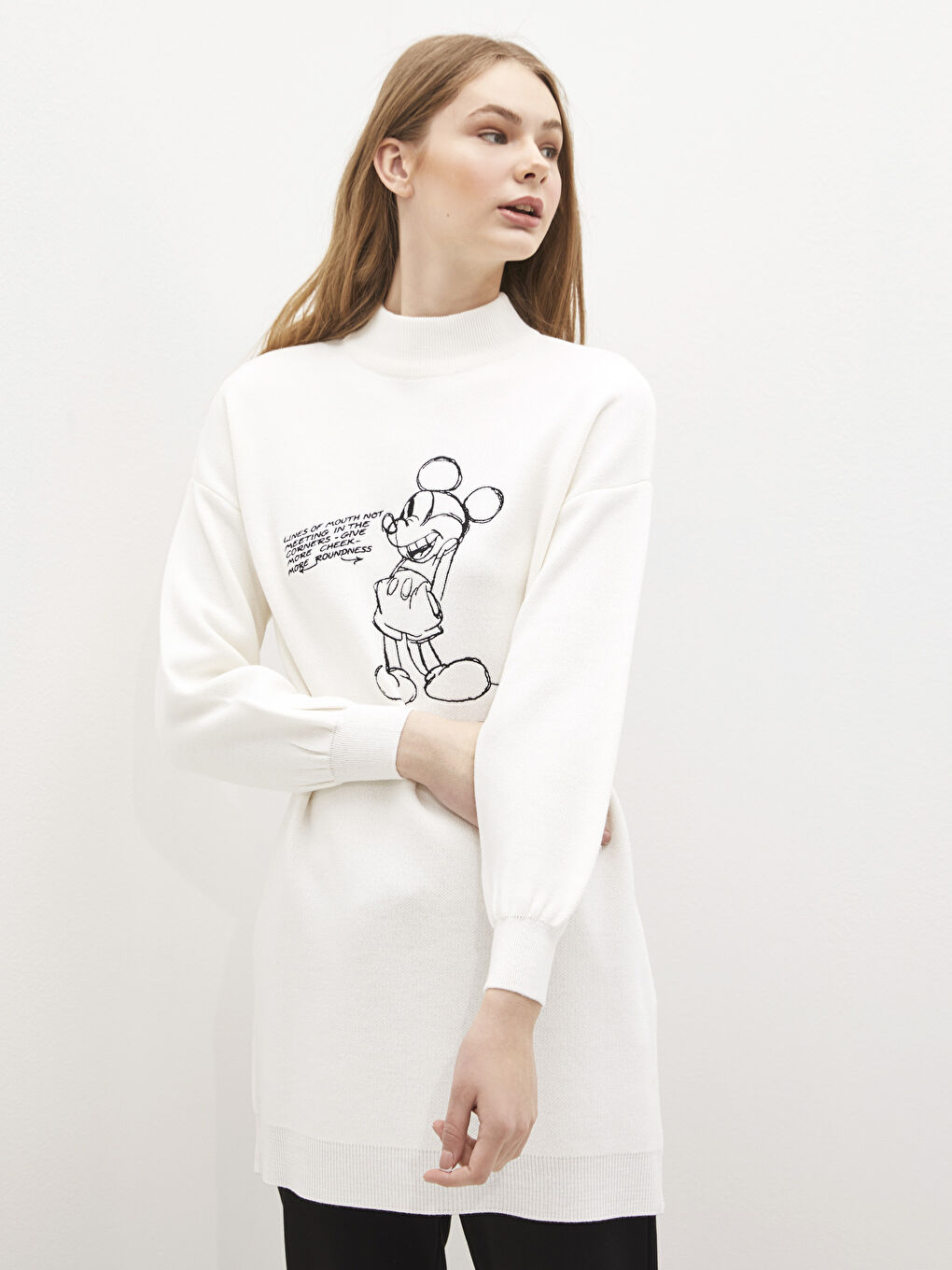 Half Turtleneck Mickey Mouse Printed Long Sleeve Women's Tunic