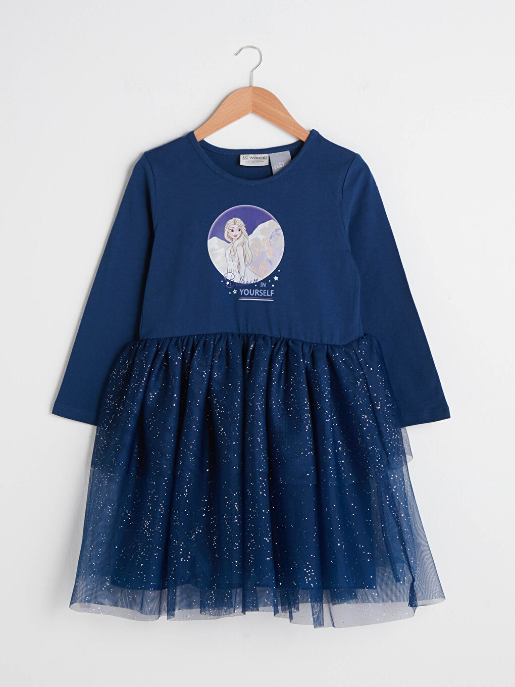 Lacivert Bisiklet Yaka Elsa Baskılı Uzun Kollu Kız Çocuk Elbise