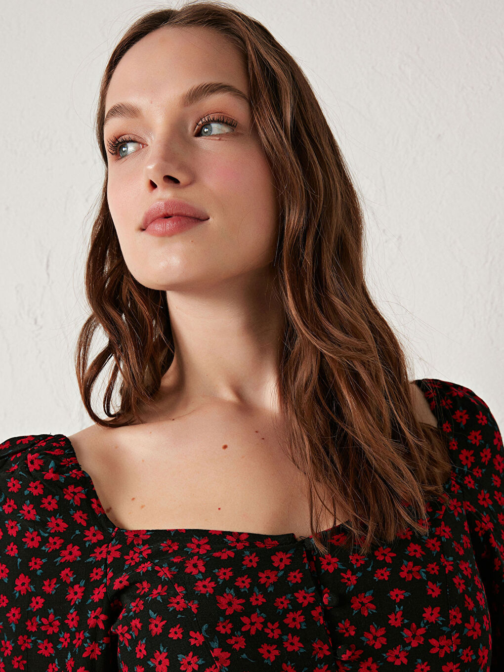 Siyah Desenli Balon Kol Viskon Bluz-1