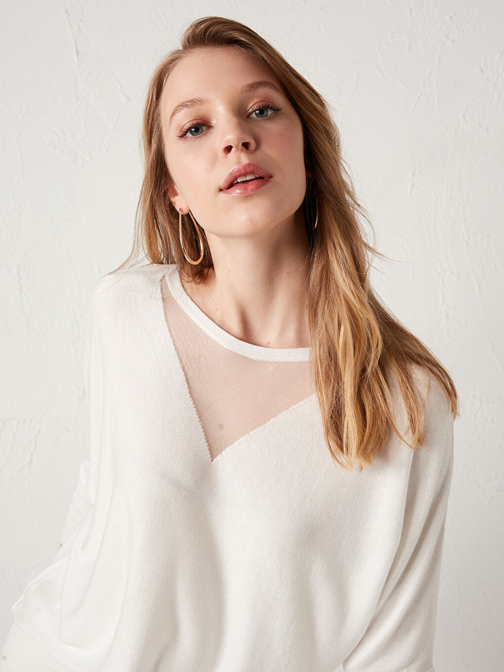 Ekru Kayık Yaka Sim Detaylı İnce Kazak-2