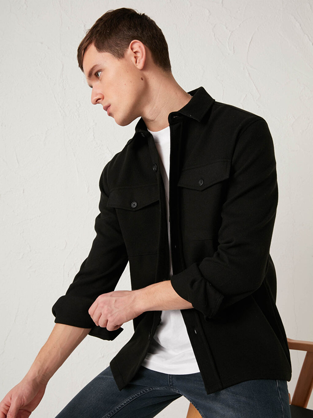 Siyah Slim Fit Uzun Kollu Kaşe Erkek Gömlek Ceket