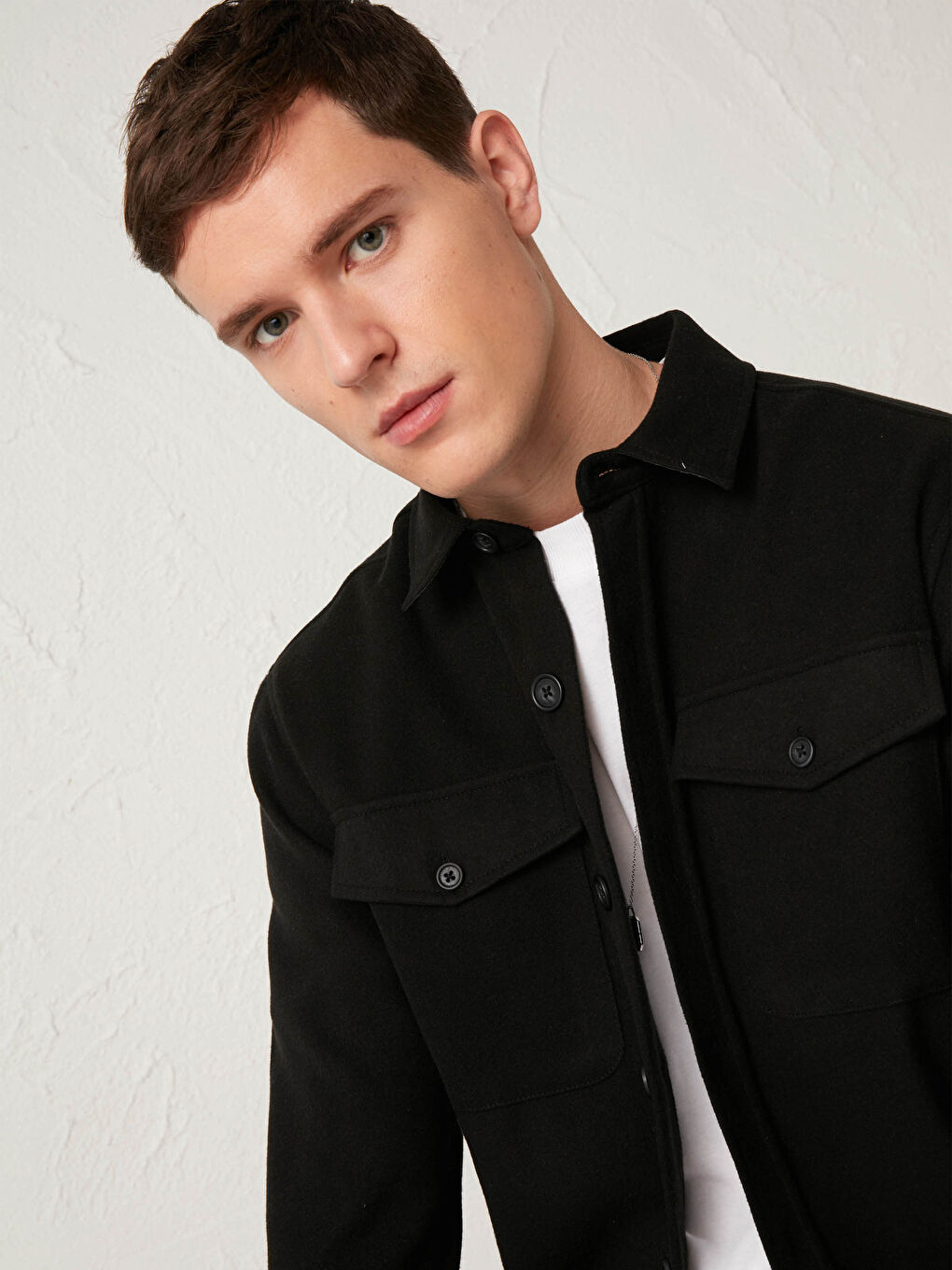 Siyah Slim Fit Uzun Kollu Kaşe Erkek Gömlek Ceket-1