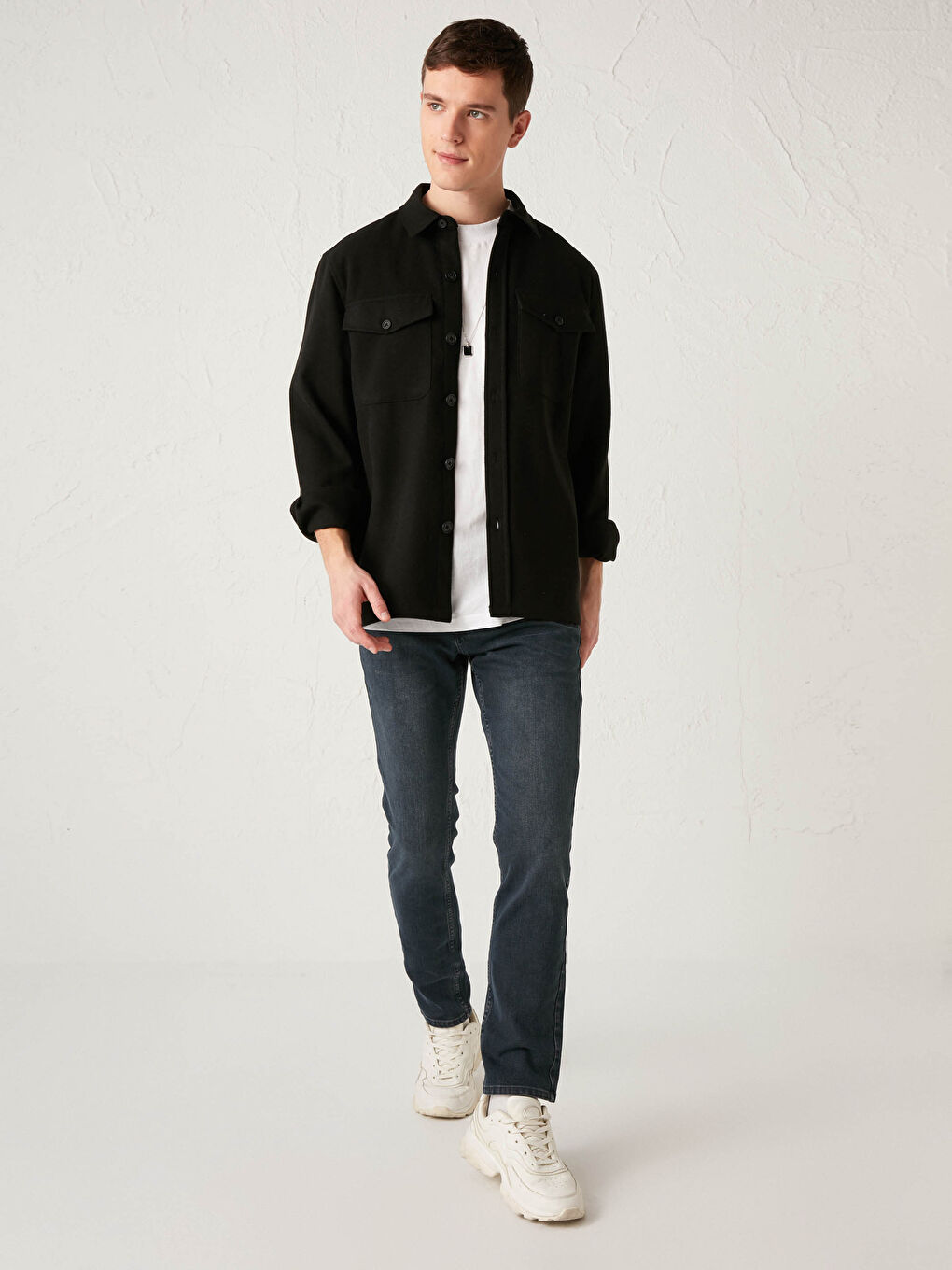 Siyah Slim Fit Uzun Kollu Kaşe Erkek Gömlek Ceket-2