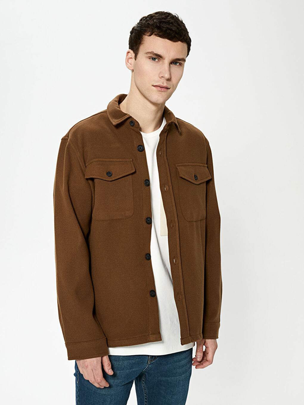 Kahverengi Slim Fit Uzun Kollu Kaşe Erkek Gömlek Ceket-1