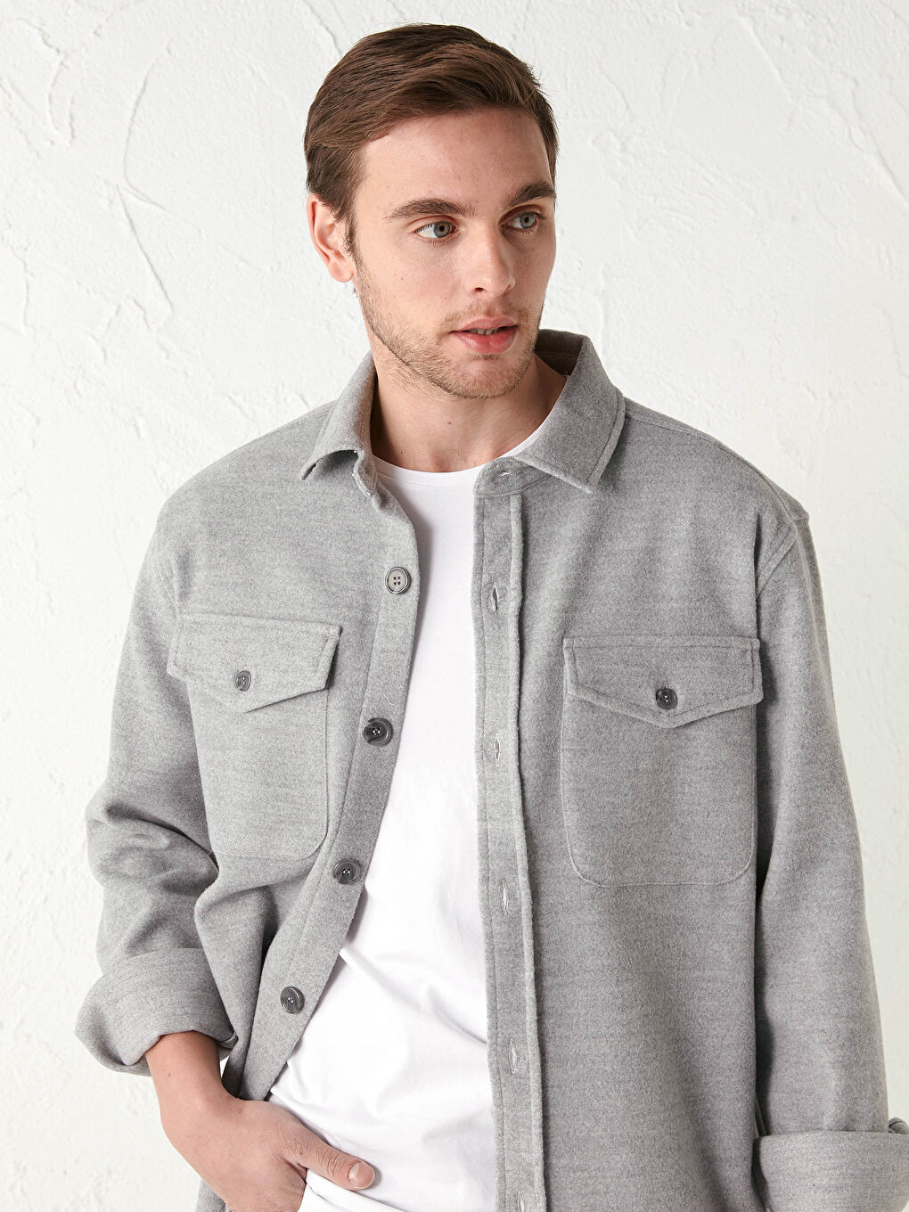 Gri Slim Fit Uzun Kollu Kaşe Erkek Gömlek Ceket