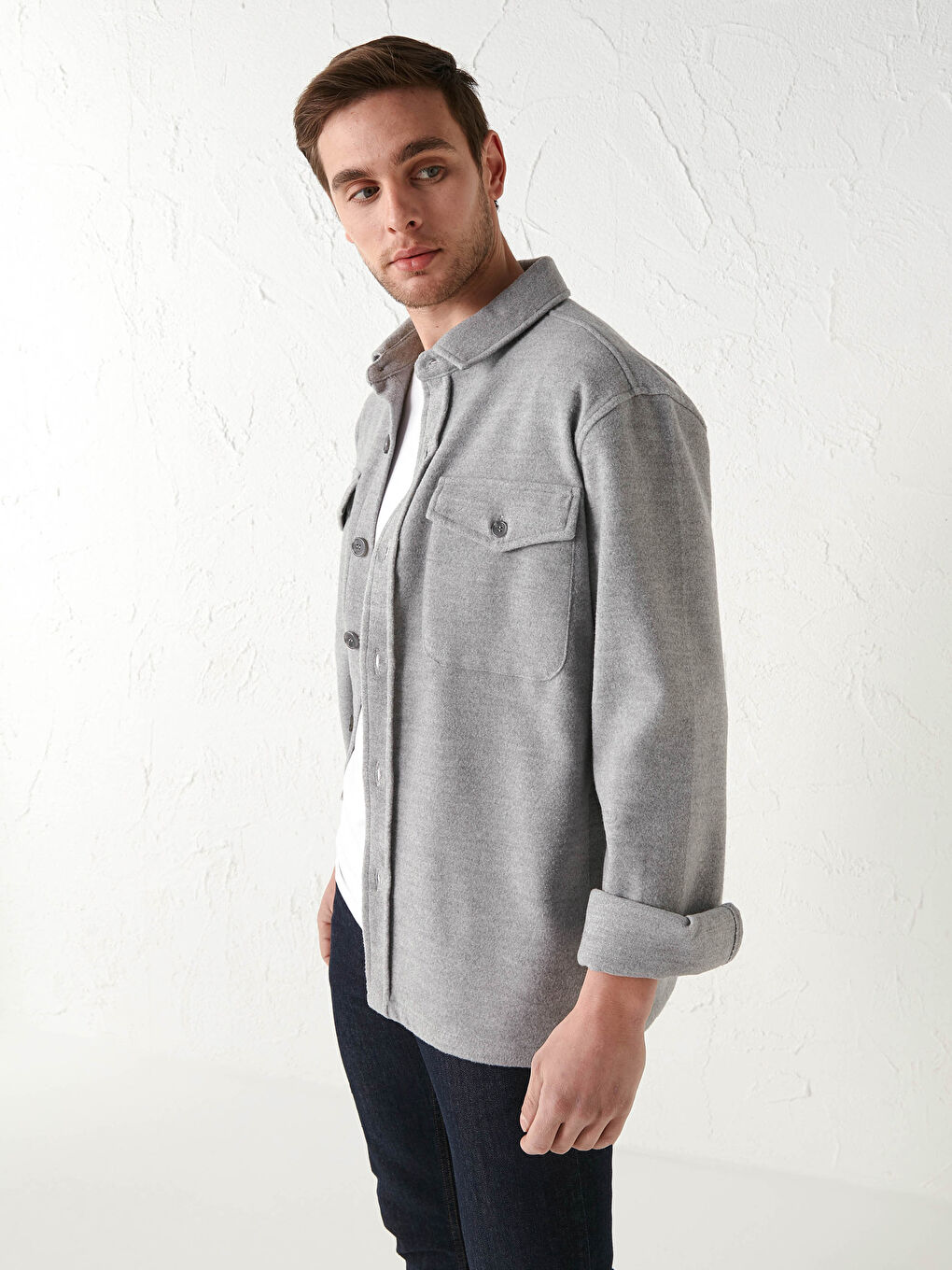 Gri Slim Fit Uzun Kollu Kaşe Erkek Gömlek Ceket-1