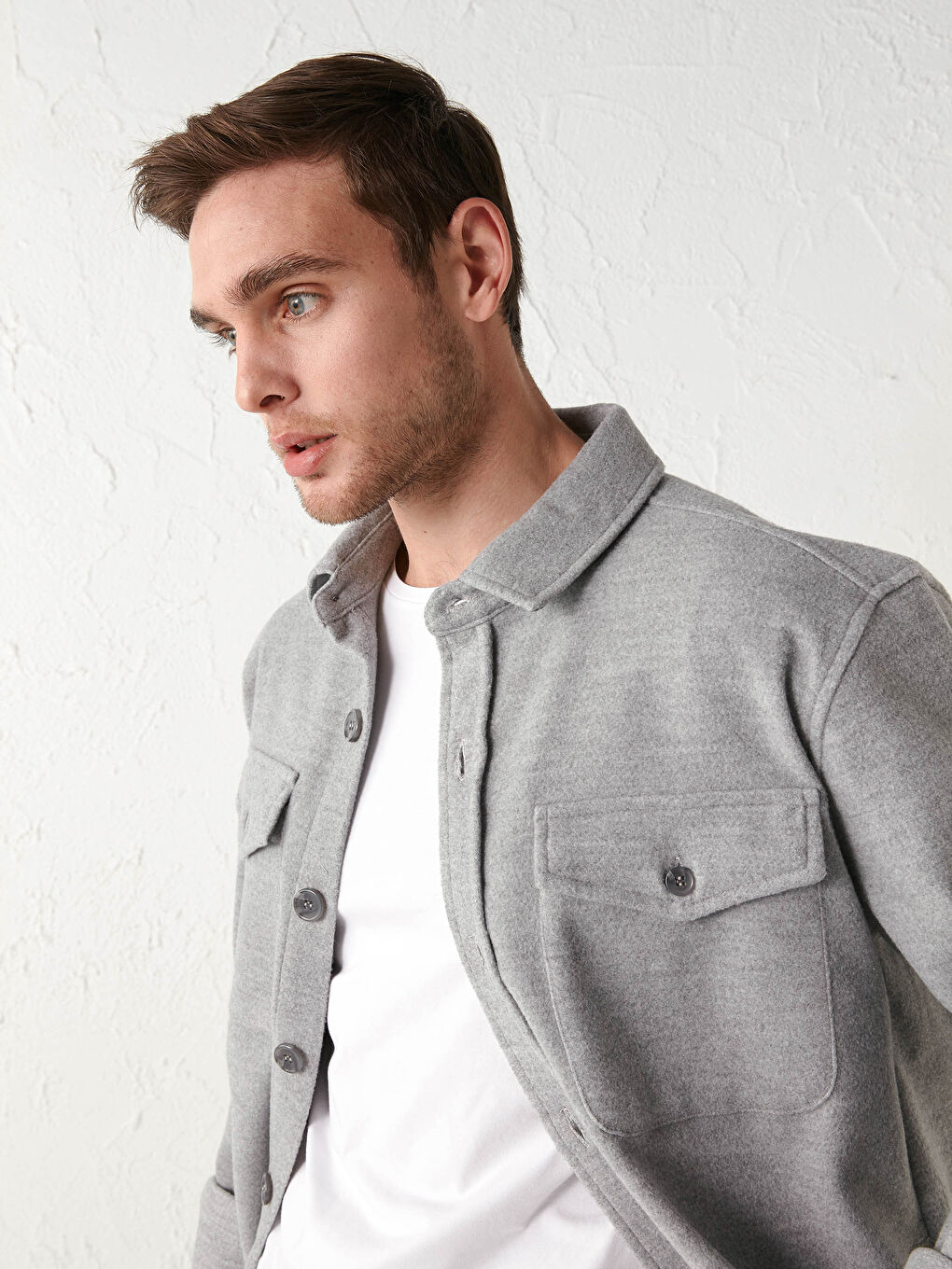 Gri Slim Fit Uzun Kollu Kaşe Erkek Gömlek Ceket-2