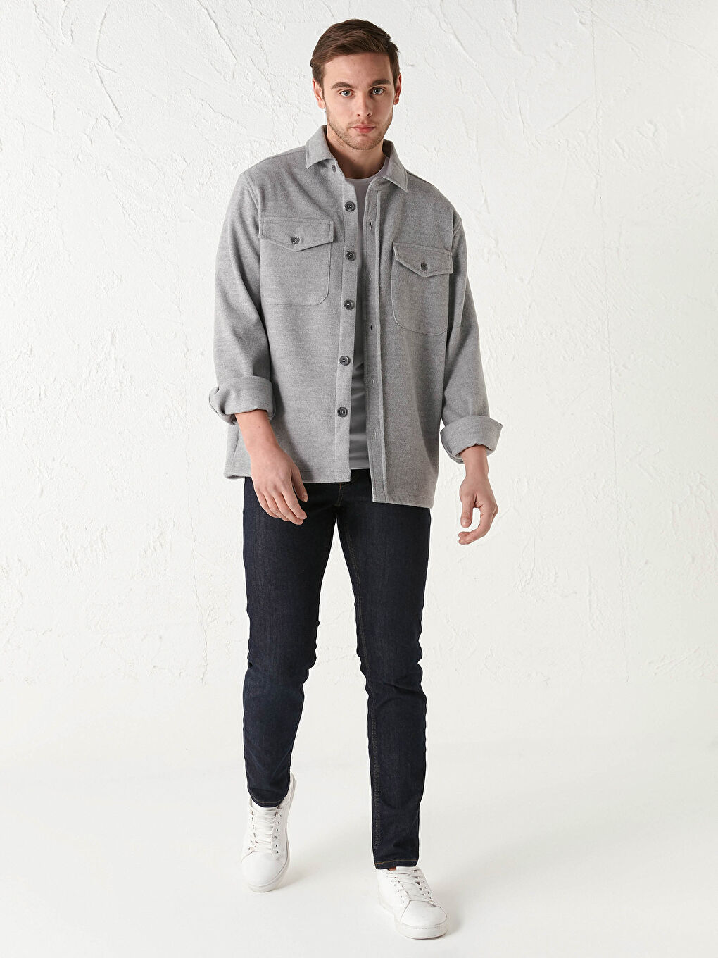 Gri Slim Fit Uzun Kollu Kaşe Erkek Gömlek Ceket-3