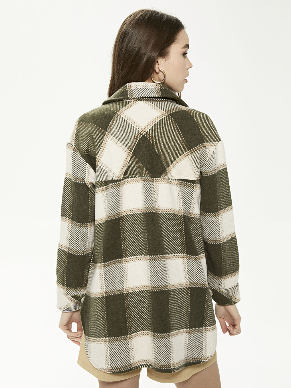Pocket Detailed Plaid Long Sleeve Oversize Women's Shirt-3