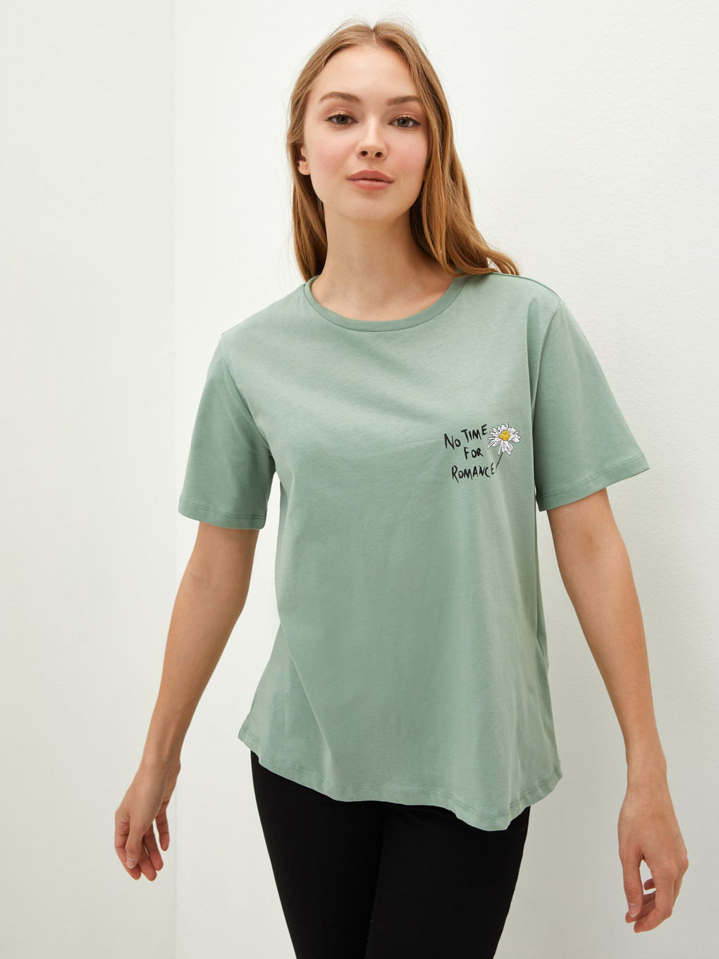 Yeşil Bisiklet Yaka Baskılı Kısa Kollu Pamuklu Kadın Tişört-4