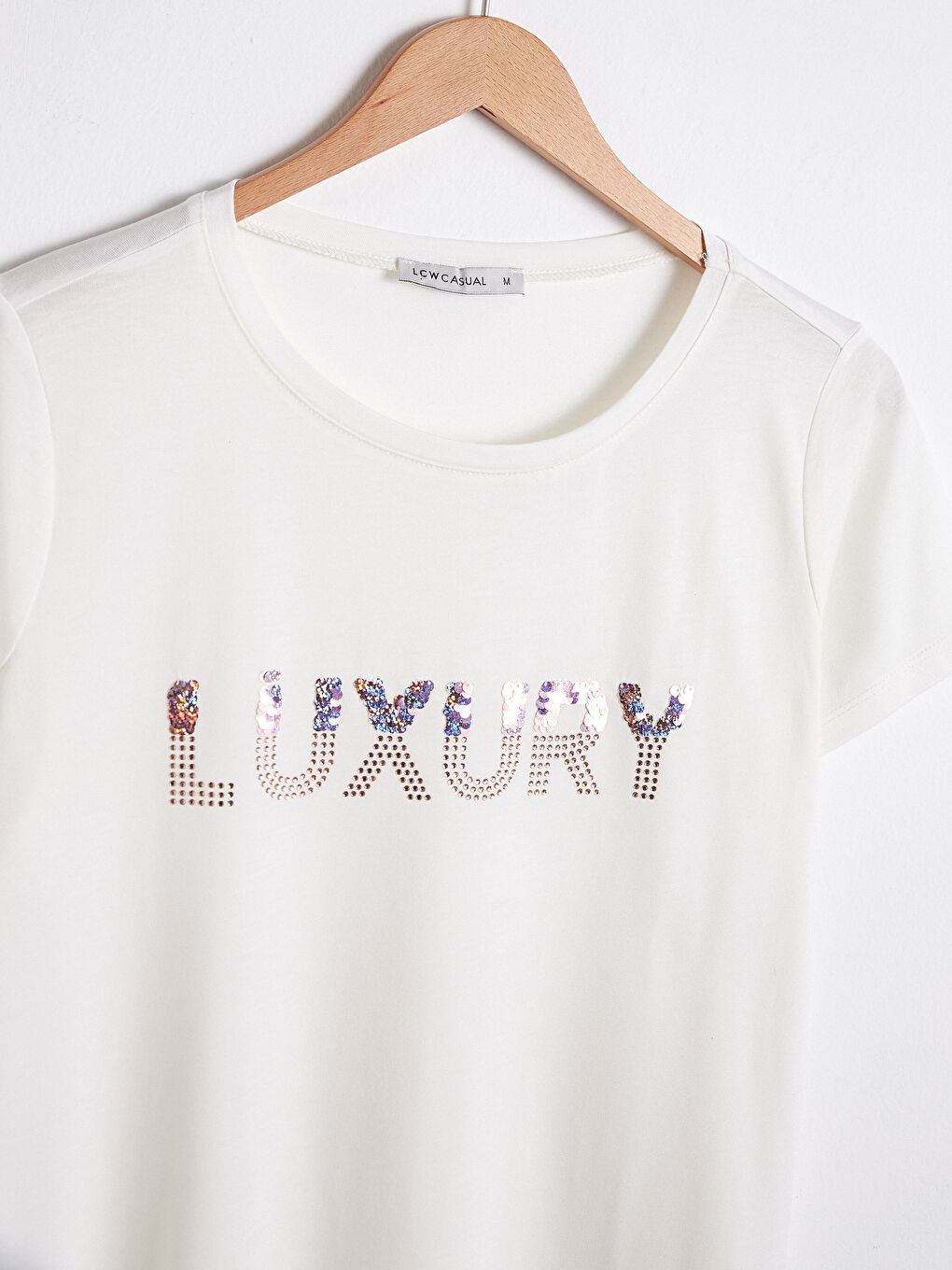 Ekru Slogan Baskılı Bisiklet Yaka Tişört-7