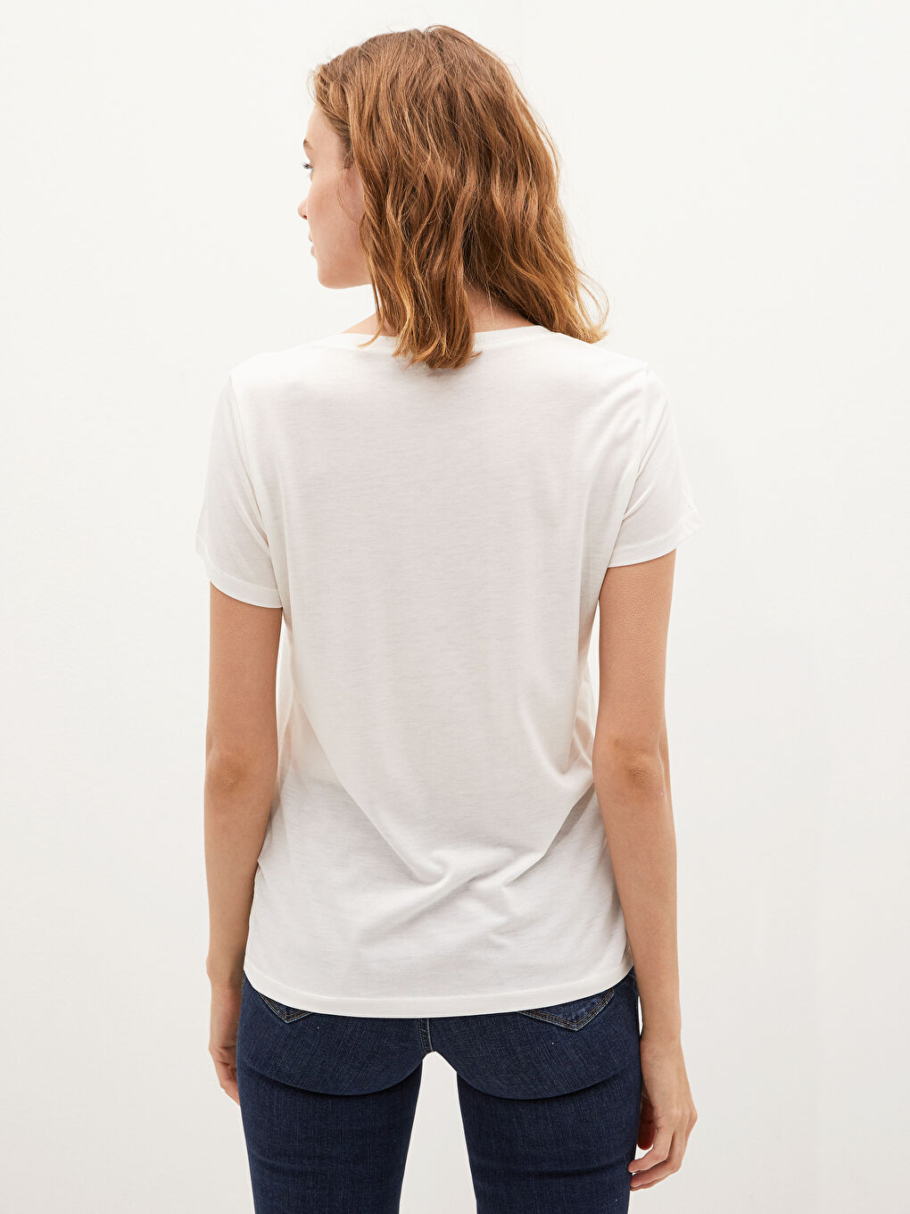 Ekru Slogan Baskılı Bisiklet Yaka Tişört-3