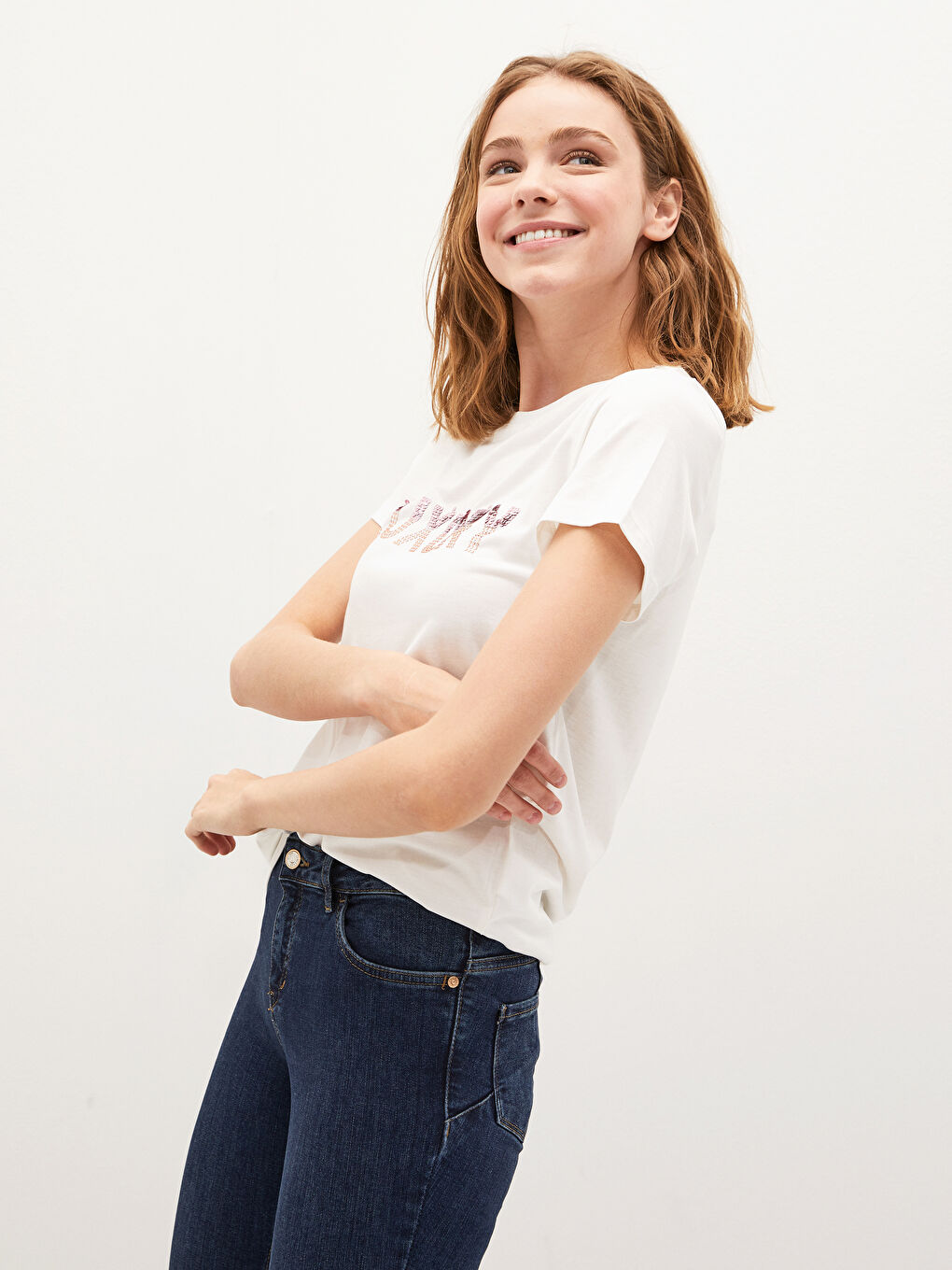 Ekru Slogan Baskılı Bisiklet Yaka Tişört