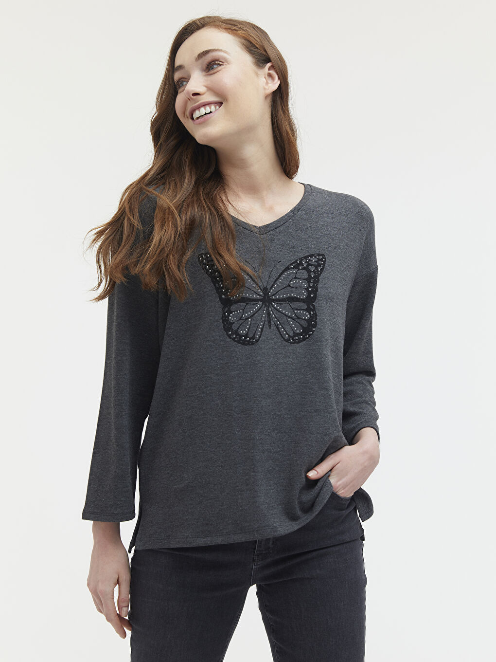 Футболка з V-подібним вирізом із принтом кам'яного метелика-4