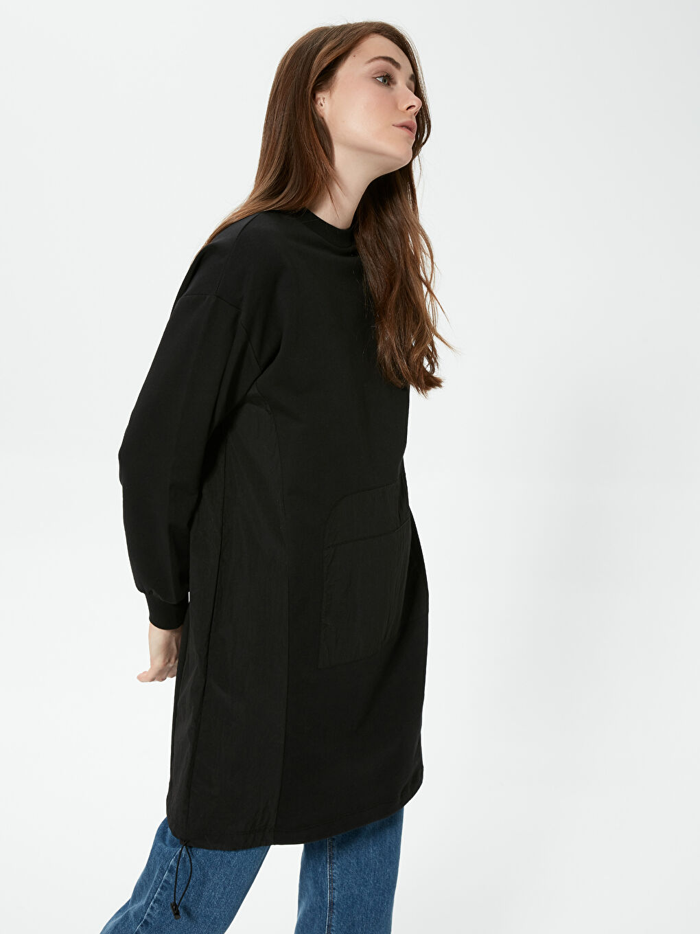 Siyah Bisiklet Yaka Pamuklu Kadın Sweatshirt Tunik-2