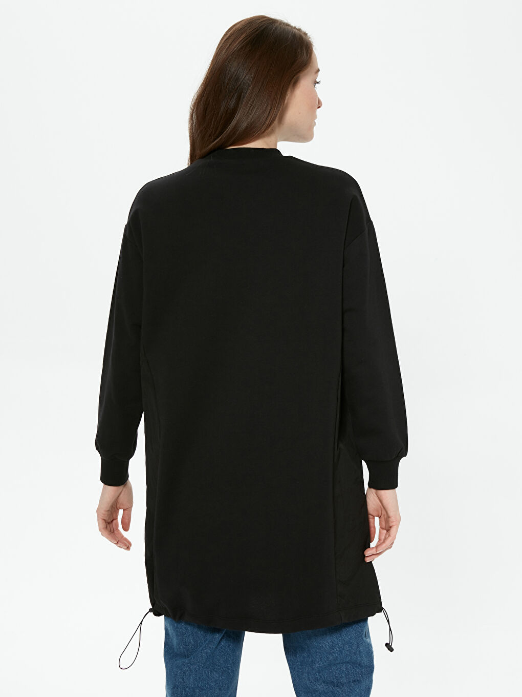 Siyah Bisiklet Yaka Pamuklu Kadın Sweatshirt Tunik-3