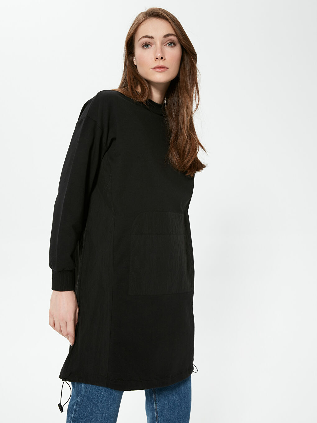 Siyah Bisiklet Yaka Pamuklu Kadın Sweatshirt Tunik
