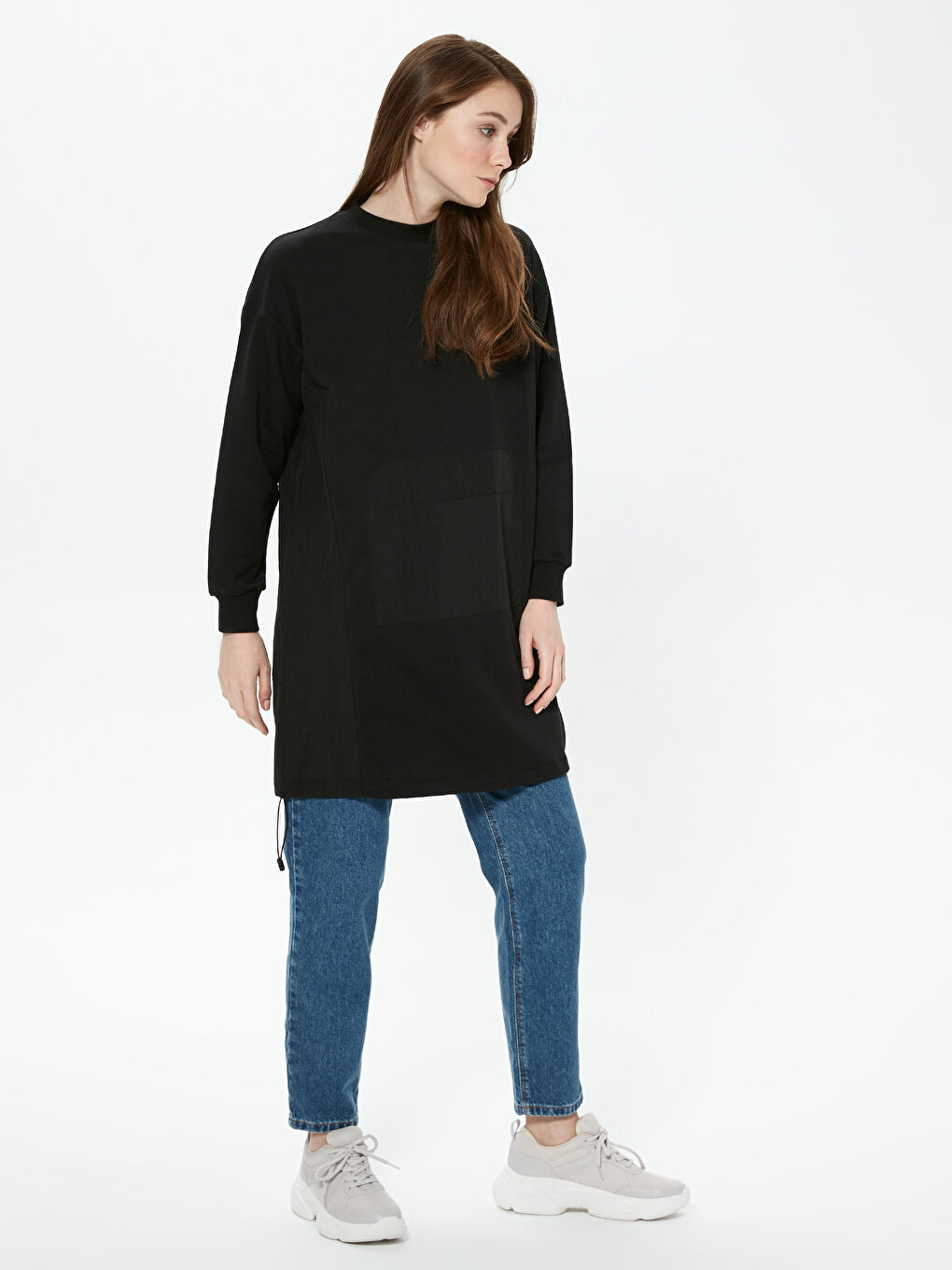 Siyah Bisiklet Yaka Pamuklu Kadın Sweatshirt Tunik-1