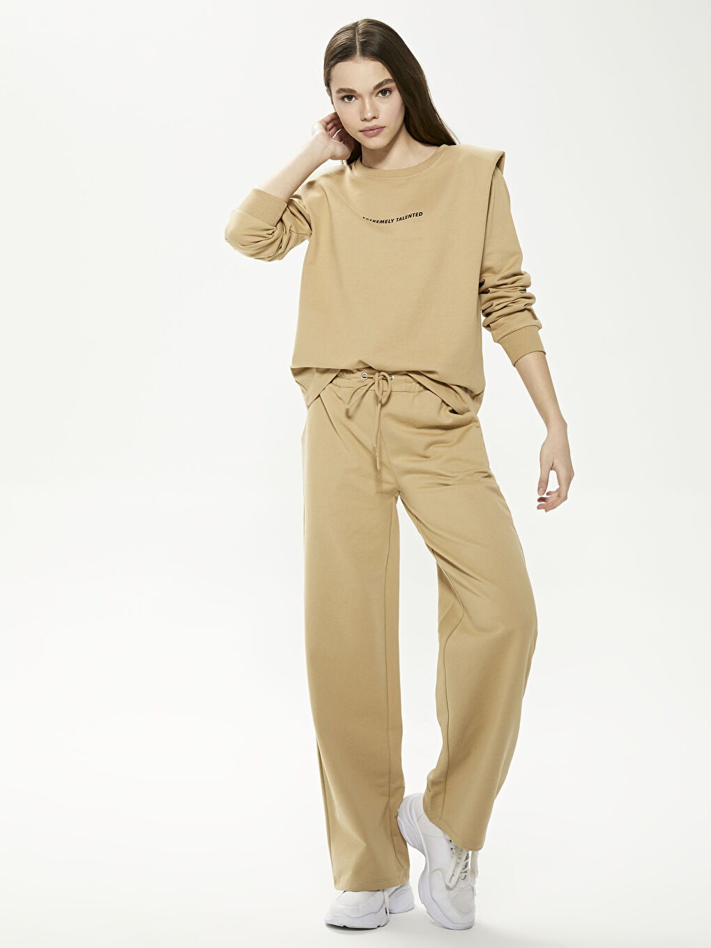 Bej Beli Lastikli Eşofman Alt-1