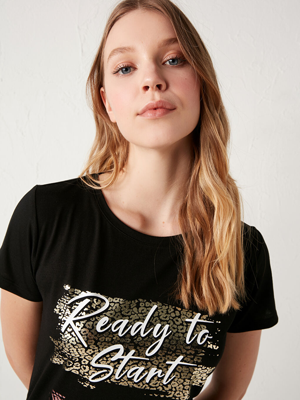 Siyah Slogan Baskılı Bisiklet Yaka Tişört-3