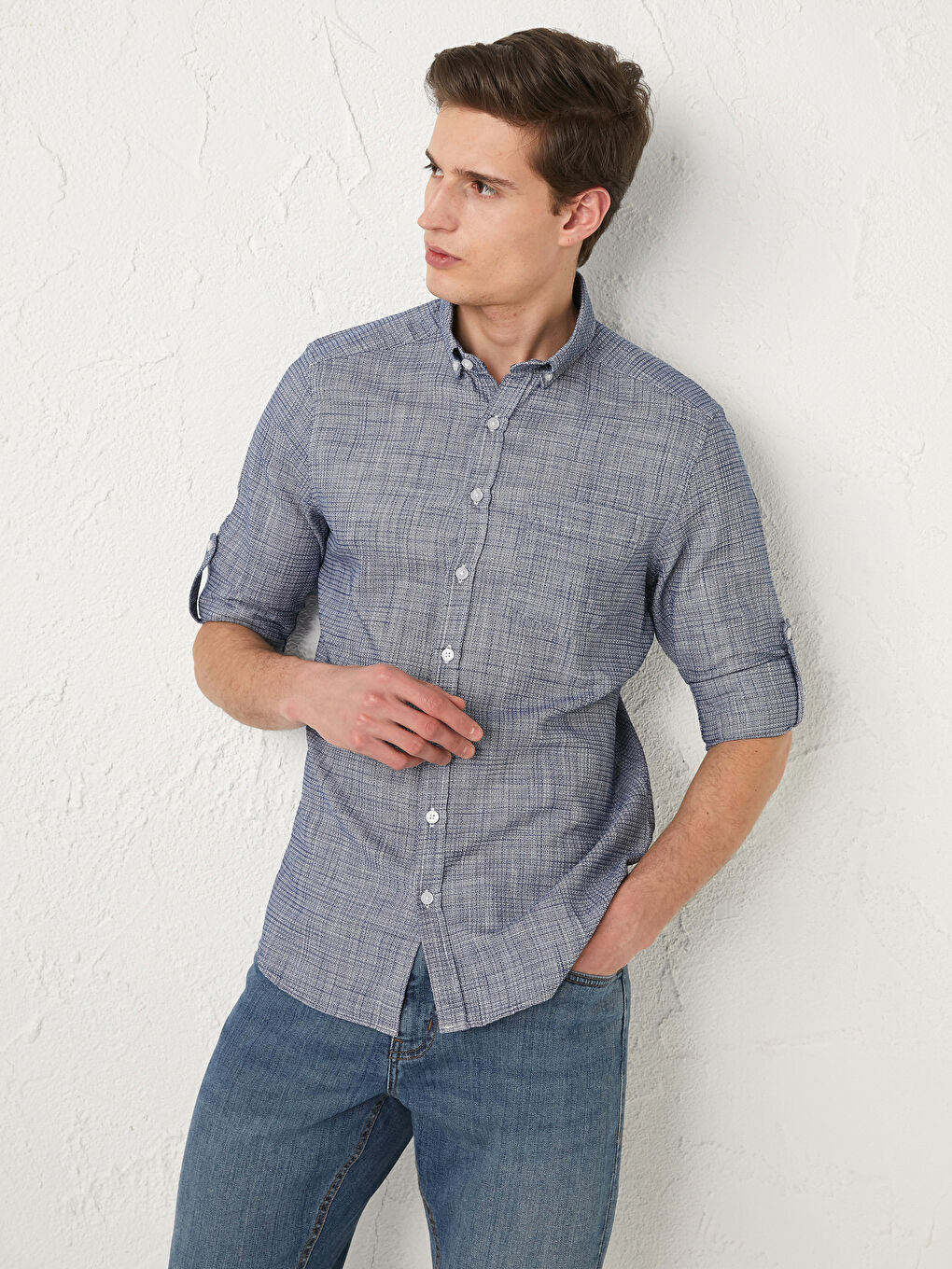 قميص رجالي كم طويل قطن رفيع-1