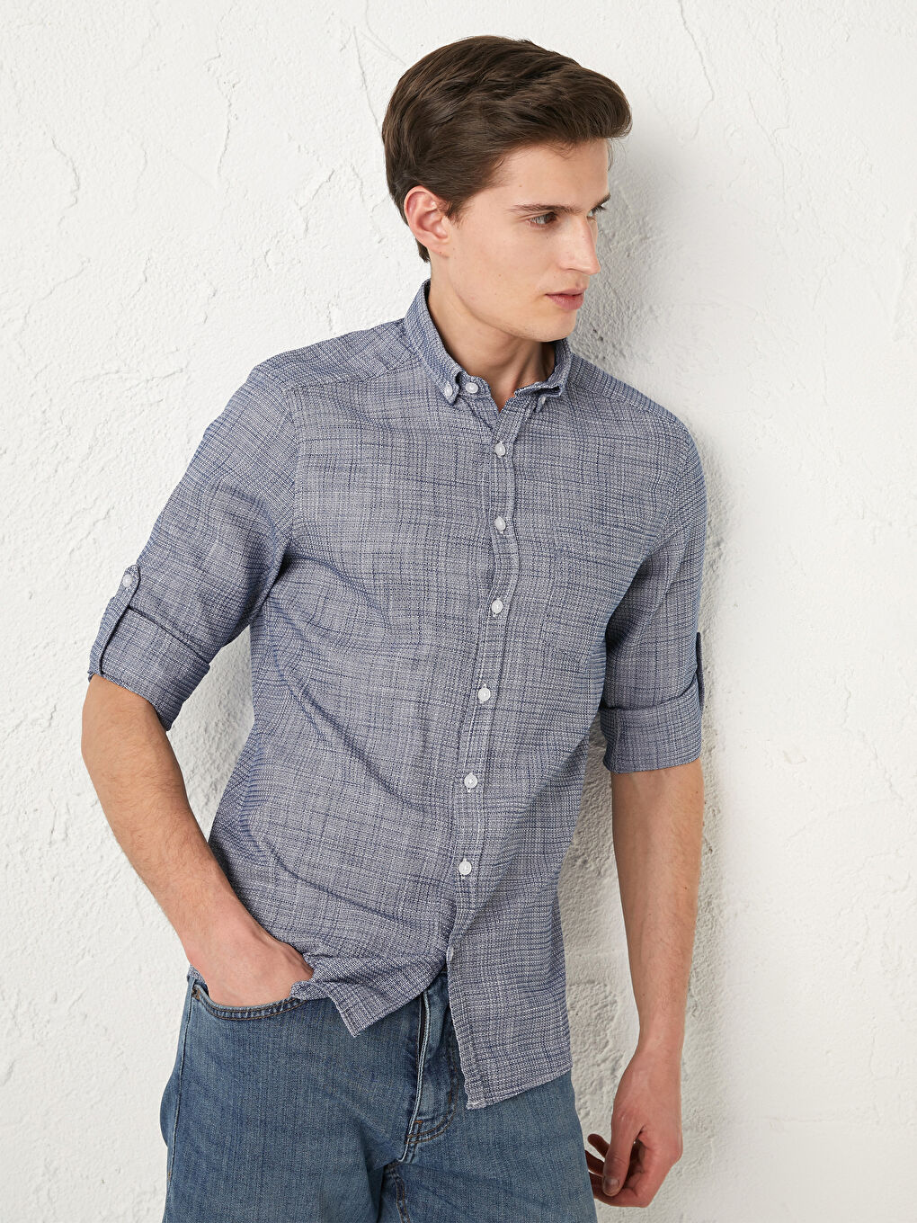 قميص رجالي كم طويل قطن رفيع-2