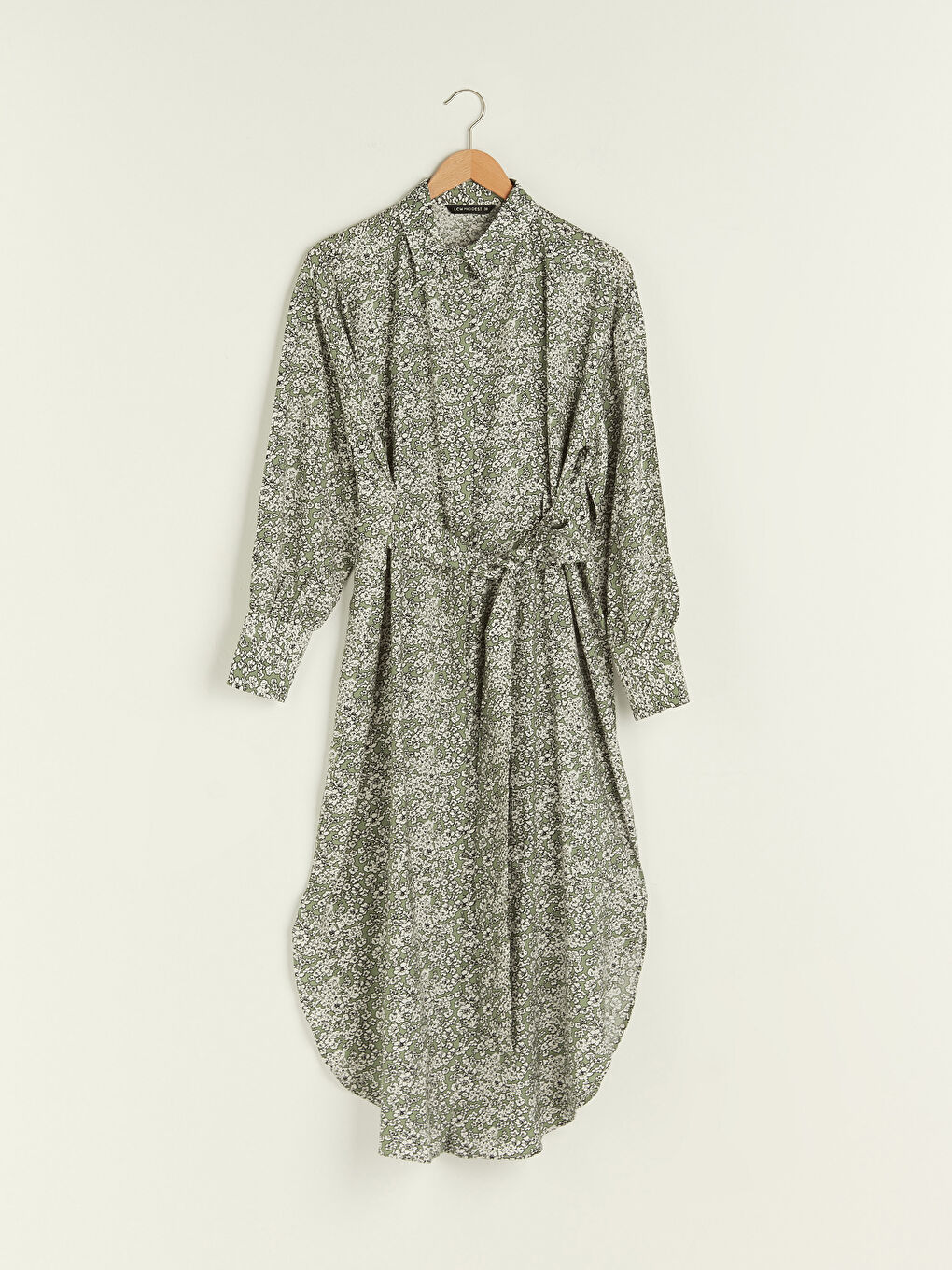 Yeşil Gömlek Yaka Desenli Uzun Kollu Beli Kuşaklı Kadın Elbise-5