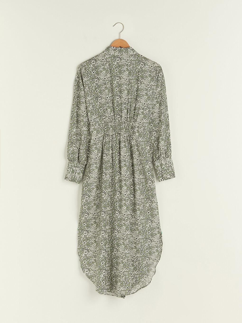 Yeşil Gömlek Yaka Desenli Uzun Kollu Beli Kuşaklı Kadın Elbise-6