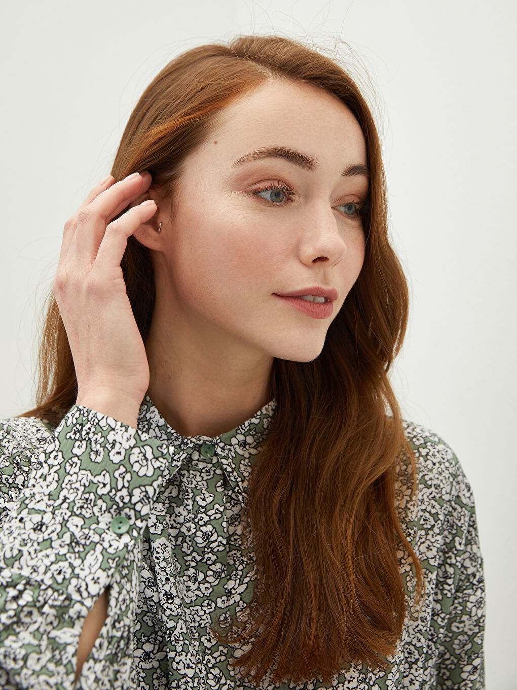 Yeşil Gömlek Yaka Desenli Uzun Kollu Beli Kuşaklı Kadın Elbise-3