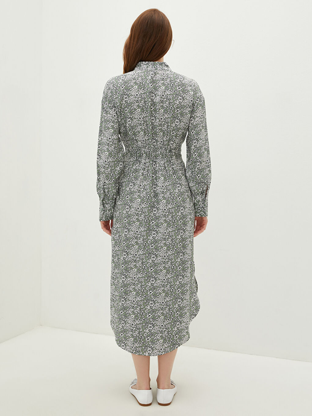 Yeşil Gömlek Yaka Desenli Uzun Kollu Beli Kuşaklı Kadın Elbise-4