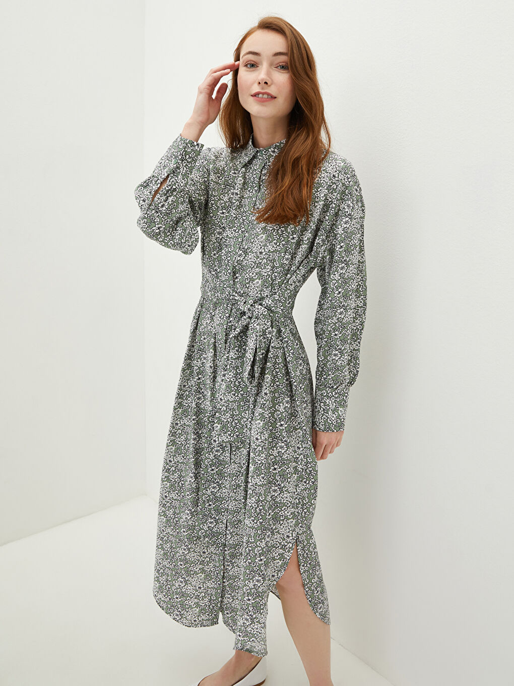 Yeşil Gömlek Yaka Desenli Uzun Kollu Beli Kuşaklı Kadın Elbise-1