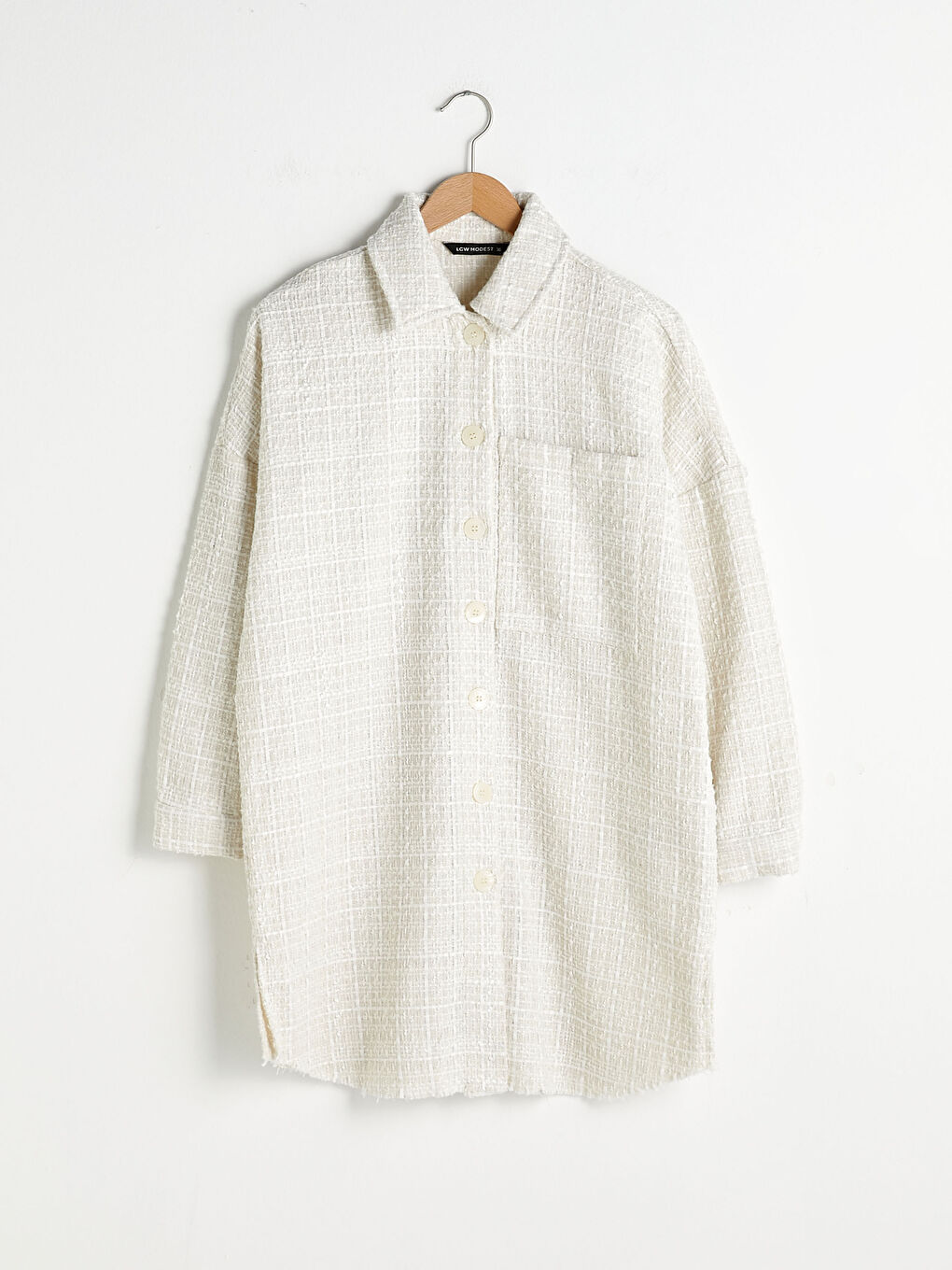 Beyaz Kendinden Desenli Uzun Kollu Kadın Gömlek Tunik-5