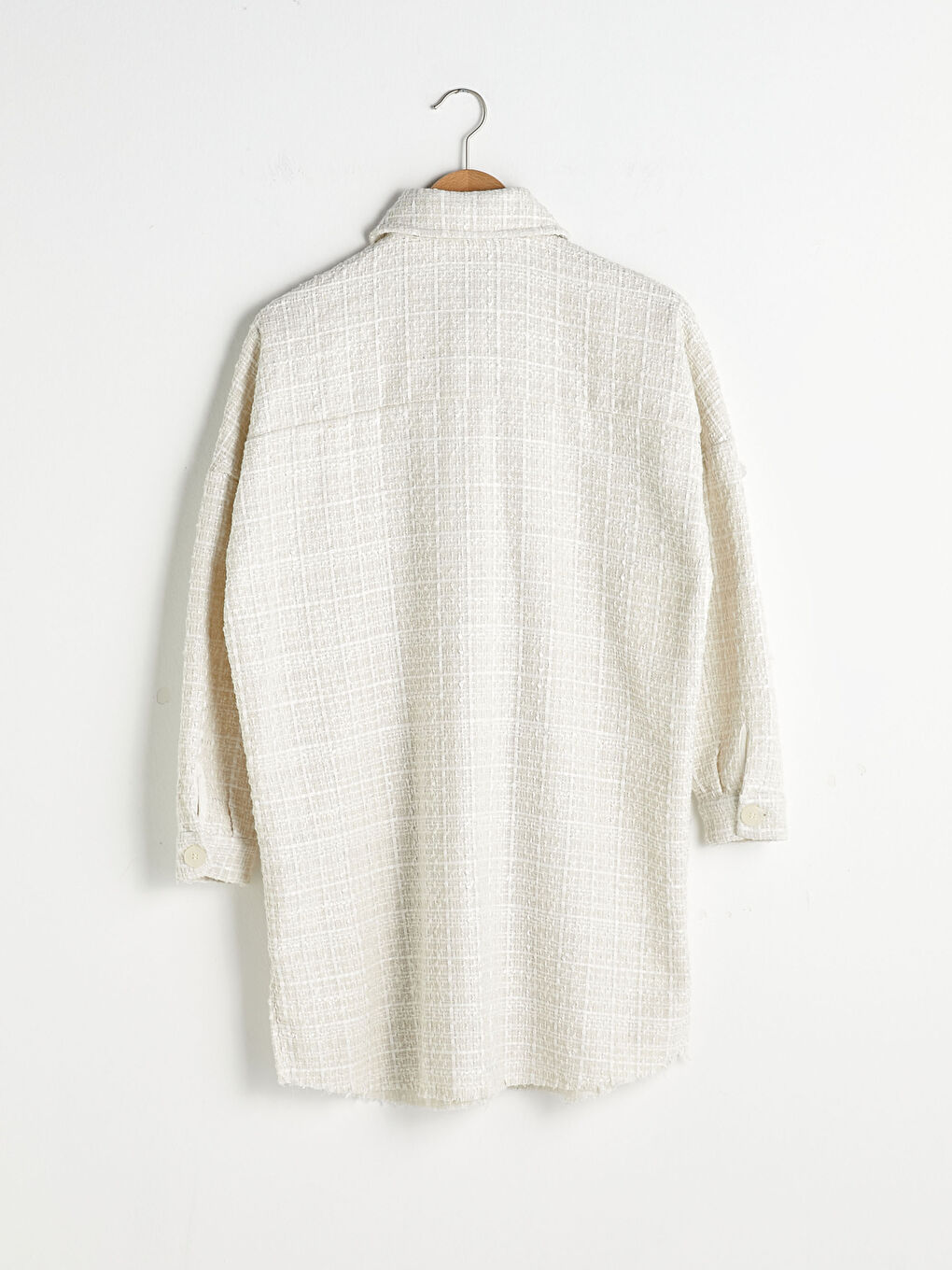 Beyaz Kendinden Desenli Uzun Kollu Kadın Gömlek Tunik-7