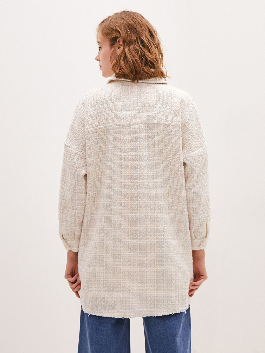 Beyaz Kendinden Desenli Uzun Kollu Kadın Gömlek Tunik-3