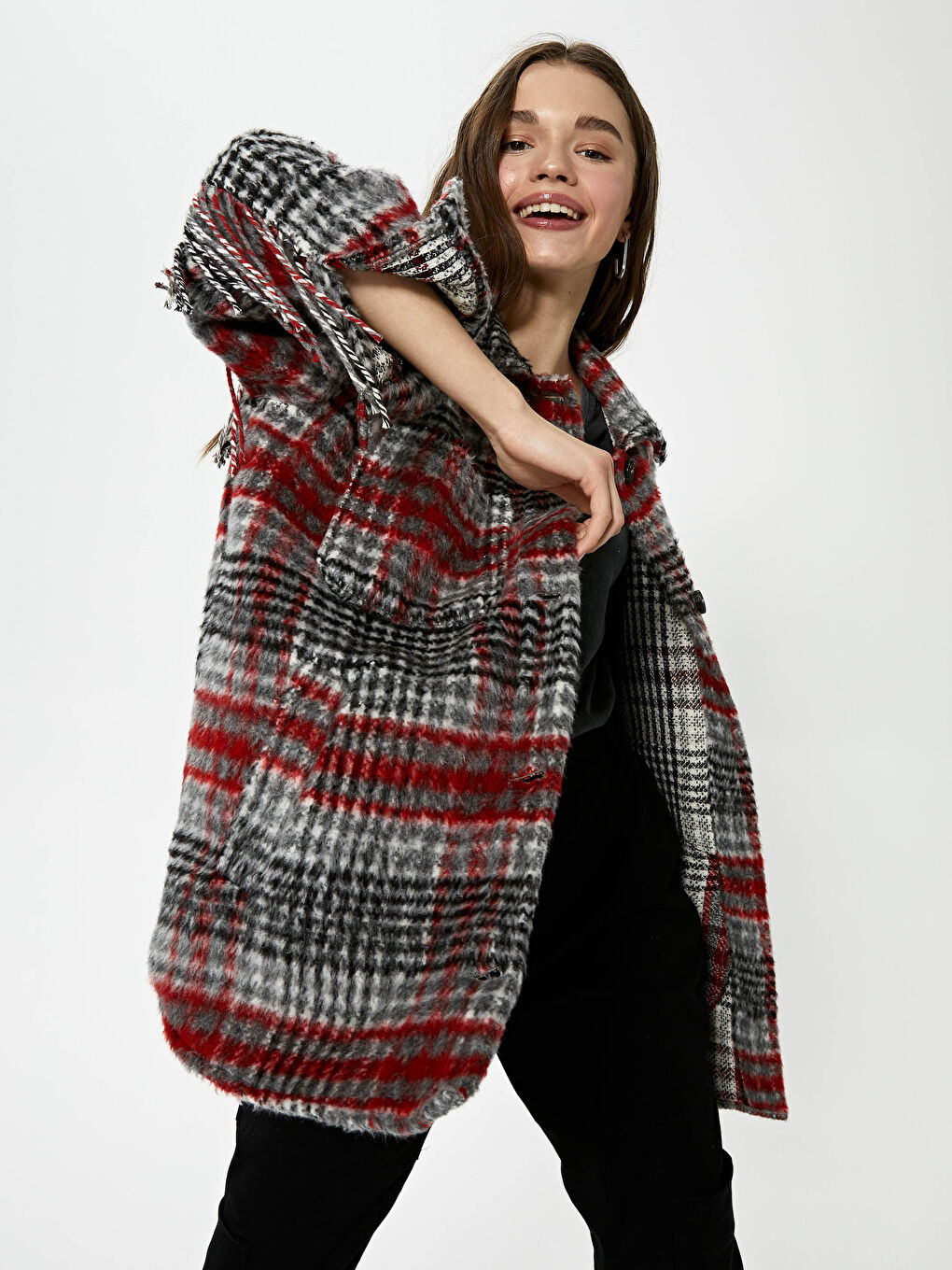 Kırmızı Gömlek Yaka Cep Detaylı Ekose Uzun Kollu Kadın Kaşe Kaban-3