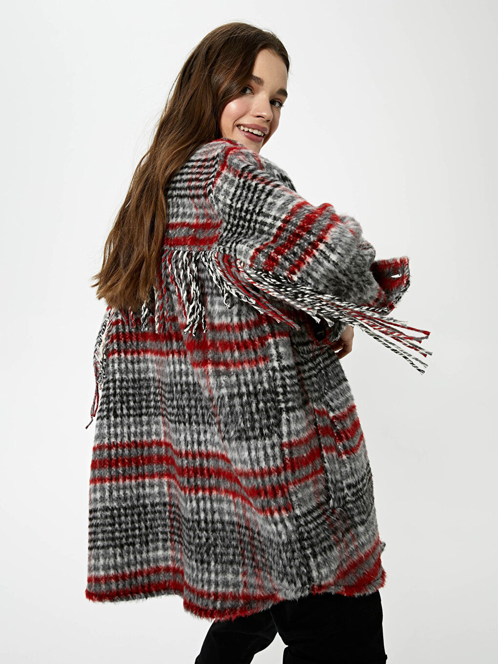 Kırmızı Gömlek Yaka Cep Detaylı Ekose Uzun Kollu Kadın Kaşe Kaban-4